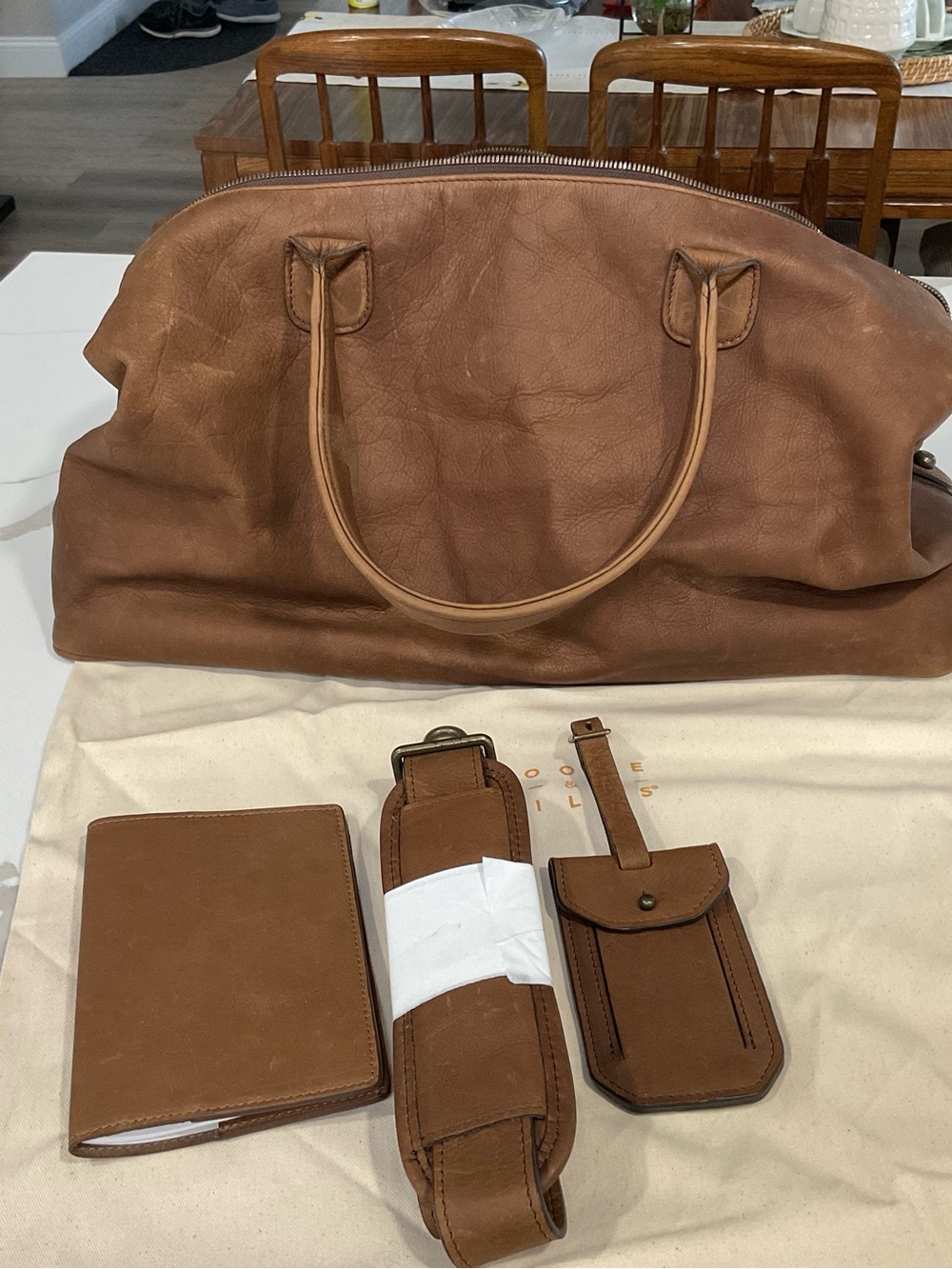MOORE and GILES Brown Leather Travel Weekender with Matching Accessories